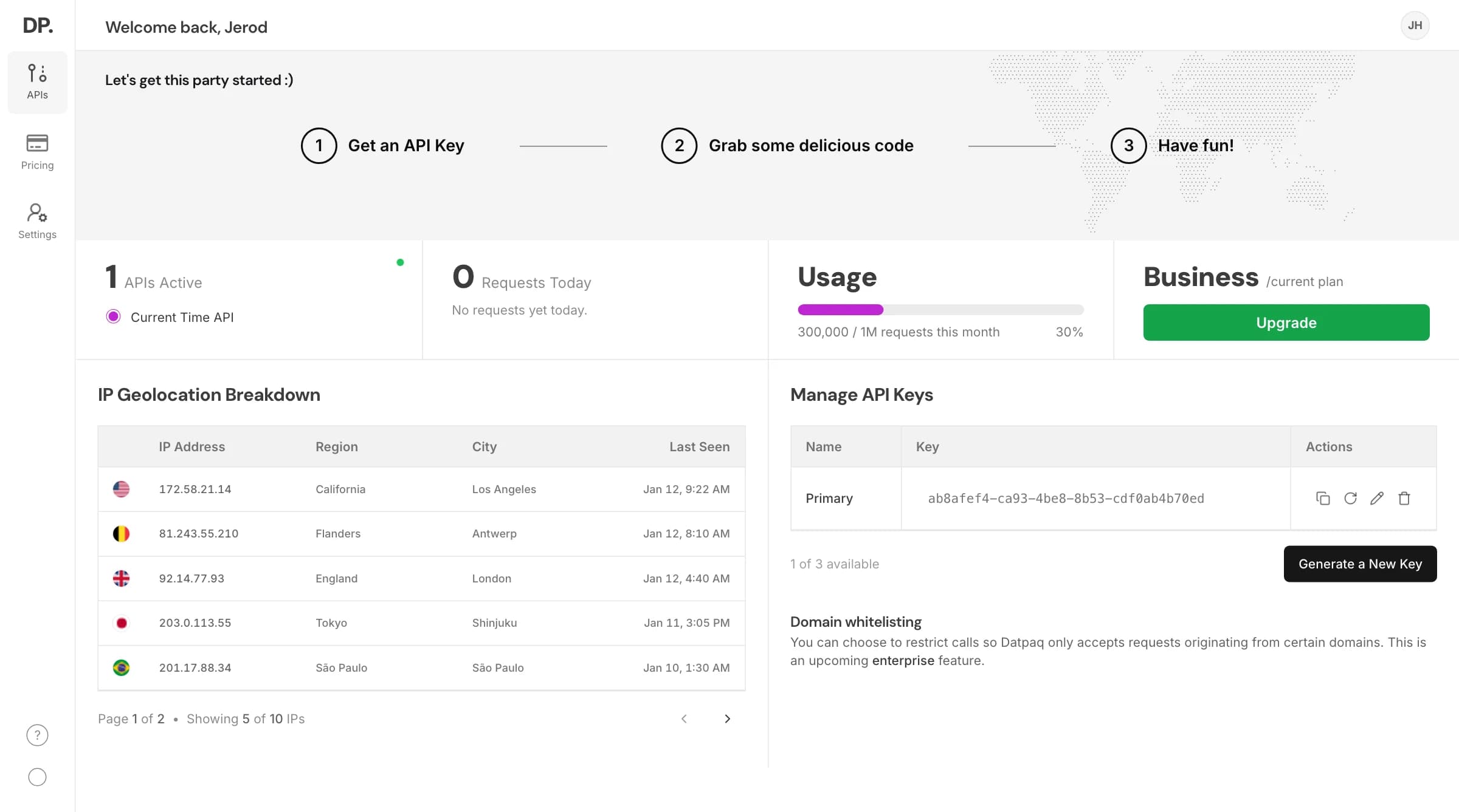 DATPAQ dashboard overview showing onboarding, API usage, and API keys in light mode